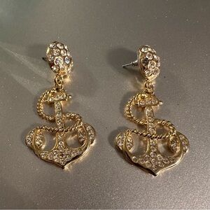 Pink Pineapple Gold & Rhinestone Anchor Earrings-New